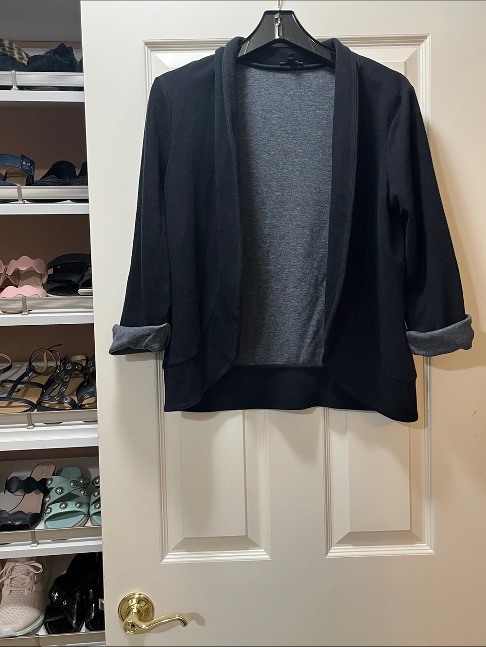 Express Black Open-Front Sweatshirt Cardigan with Gray Lining